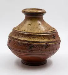 Peter Alger, Ridged and coiled vase, heavily potted coarse wood fired stoneware with inclusions