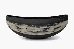 Raewyn Atkinson, Trade: A Fine Art, stoneware with matt white abstract design on a black ground, the interior with a printed inscription with the terms that Captain James Cook determined for trading in the Pacific