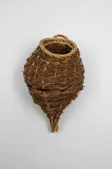 Ruth Castle, Hanging coiled basket, woven rattan interlaced with twigs and fibers
