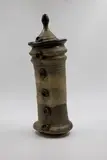 Jay Calway, 'Buttons' jar, tall cylindrical lidded vase of asymmetrical funky shape, with applied ceramic 'buttons' to the front