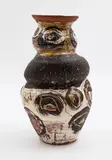 Zoe Ryan, Speaker Pot, brown and white slipware, with hand-painted abstract decoraction