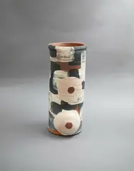 Paul Maseyk, Breast Man, earthenware with detailed abstract surface painted decoration including a male figure and one of two female breasts in relief