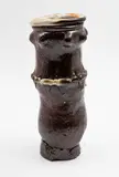 Peter Hawkesby, Rare handbuilt vase, the body of undulating cylindrical body mostly in brown clay, with a white band at the top