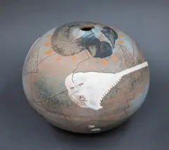 Steve Fullmer, Orb vase, earthenware, decorated with abstract and geometric motifs