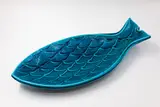 Merilyn Wiseman, Large fish platter, white earthenware with a shiny and bright blue glaze and applied grid design