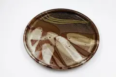 Brian Gartside, Large circular dish, glazed stoneware with abstract decoration in brown and white