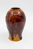 Crown Lynn Ambrico, Trickle glaze vase, with brown red and mustard glazes