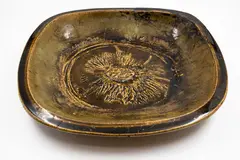 Len Castle, Large rectangular platter, stoneware with textured clay inclusion to the centre, brown and tan ash glazes (AF)