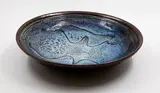 Len Castle, Shallow bowl, stoneware with jun mottled glaze over tenmoku glaze, wax resist gestural decoration