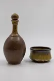 Nz Studio Pottery, Stoneware bottle and small bowl, impressed unidentified makers' mark to each base