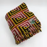 Roslyn Dunedin textiles, Early Manatunga travel rug, with a tukutuku panel pattern in magenta, yellow, black, and white (in washed condition)