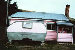 Robin Morrison, Pink Caravan, Harwood, Otago Peninsula (from the series: ‘From the Road, South Island’), cibachrome photograph (1978)