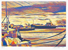 Stanley Palmer, Harbour - Auckland, colour woodcut, 10/60