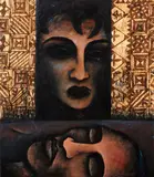 Nanette Lela’ulu, Farewell Departed One, tapa collage and oil on canvas