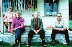 Robin Morrison, Christina and Bert Lewis and His Brothers, Shack and Bob, Deborah Bay, Otago, 1979, 1979, type C print