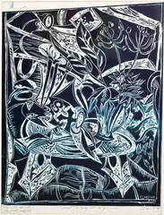 Philip Clairmont, Large still life with vase, palette and objects, linocut (A proof), edition 1/5 (turquoise)