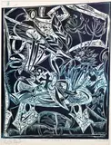 Philip Clairmont, Large still life with vase, palette and objects, linocut (A proof), edition 1/5 (turquoise)