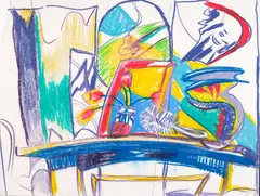 Philip Clairmont, Interior with Vase on Table, oil pastel on paper