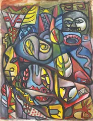Olga Spence, Abstract Figures, oil on canvas board, c. 1975