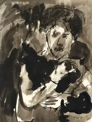 Toss Woollaston, Girl with Cat, ink and wash on paper