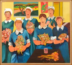 Jeffrey Harris, Nurses with Flowers, oil on board