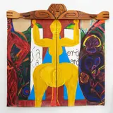 Emily Karaka, E Tiki Mai Whaka, oil on hessian, two panels, mounted to carved totara