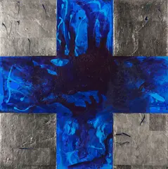 Max Gimblett, Blue Fire, mixed media on Belgian linen