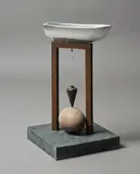 Peter Tilley, The Comedy of Denial, carved and painted timber, silver leaf, eggshell, plumb bob