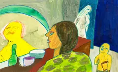 Woman in Front of Mirror by Jeffrey Harris, mixed media on paper, sold Sep 2024