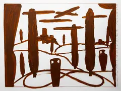 Gavin Chilcott, Poplars, Pots + Plane - A Portrait of M. Staufer, acrylic and pastel on paper