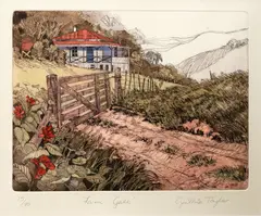 Cynthia Taylor, Farm Gate, etching, 15/80