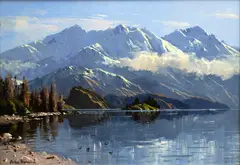 Peter Beadle, Winter, Lake Wanaka & Ruby Island, Buchanan Decks, oil on canvas board