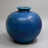 Graeme Storm, Stoneware vase, of spherical form with short neck, with barium mottled blue and green glaze