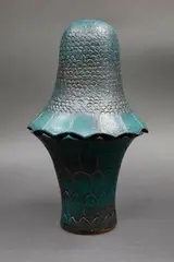 Kauri Cone sculpture by Graeme Storm, stoneware with rich green and blue barium glaze, decorated with incised and impressed details, sold Sep 2024