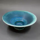 Graeme Storm, Pedestal flared bowl, stoneware with mottled blue and green barium glaze, incised wavy lines around the open pedestal centre