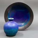 Graeme Storm, Matching bowl and vase, stoneware with barium blue glaze, the bowl with manganese glaze to the rim and exterior