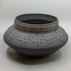 Steve Fullmer, Floor urn vase, matt grey stained earthenware with mottled effect, decorated with incised geometrical designs and bubbly motif