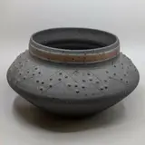 Steve Fullmer, Floor urn vase, matt grey stained earthenware with mottled effect, decorated with incised geometrical designs and bubbly motif