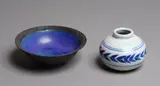 Small blue and white jar by Graeme Storm, together with a small blue matt barium glaze bowl (the bowl repaired), sold Sep 2024