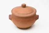St Ives Pottery, Small casserole dish, the unglazed exterior with umber pigment, the interior with speckled grey glaze