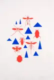 Red insects, blue primitives by Richard Killeen, acrylic on paper, sold Aug 2024