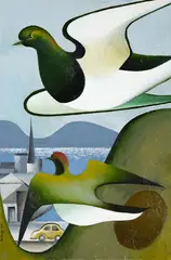 Don Binney, Kereru over Dunedin, oil on board