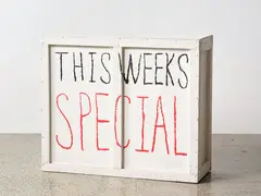 This Weeks Special by Peter Robinson, acrylic and oilstick on wooden crate, offered Aug 2024