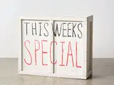Peter Robinson, This Weeks Special, acrylic and oilstick on wooden crate