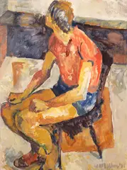 Portrait of Bryan Tuffnell by Toss Woollaston, oil on board, offered Aug 2024