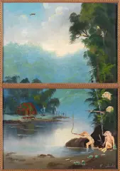 Revisionist Painting by Tony de Lautour, acrylic on found painting, diptych, sold Aug 2024