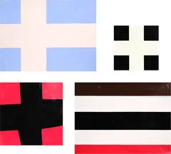 John Nixon, Untitled, enamel on paper and found Sydney Nolan, Institute of Modern Art exhibition posters, four panels