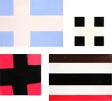 John Nixon, Untitled, enamel on paper and found Sydney Nolan, Institute of Modern Art exhibition posters, four panels