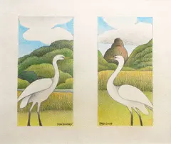 Don Binney, Egret Intermedia, Piha: Duo, pastel and graphite on paper