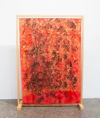 Rozana Lee, Vermillion Dream (2020), melted wax, fabric dye and Schminke acrylic ink on silk, with pine wood standing frame with oil paint tinted varnish